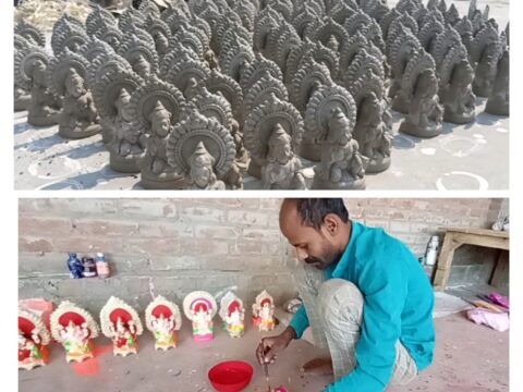 भरवारी के भटपुरवा के चार परिवारों की दीपावली पर बनाई गई मूर्तियां और दीए लोगो की बनी पहली पसंद,मूर्तिकार मूर्तियों को रंगने और पैक करने में जुटे