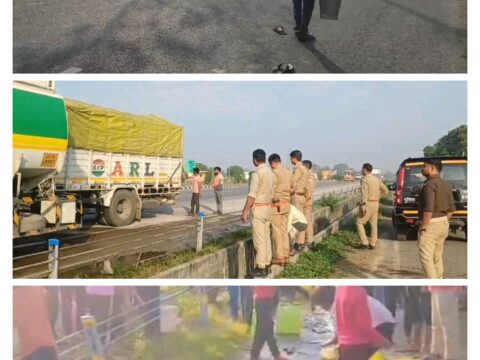 कौशाम्बी में नेशनल हाइवे पर डीजल टैंकर और DCM में भिड़ंत,सड़क पर बहा डीजल,लोग डिब्बों और बाल्टी में भरकर ले गए डीजल