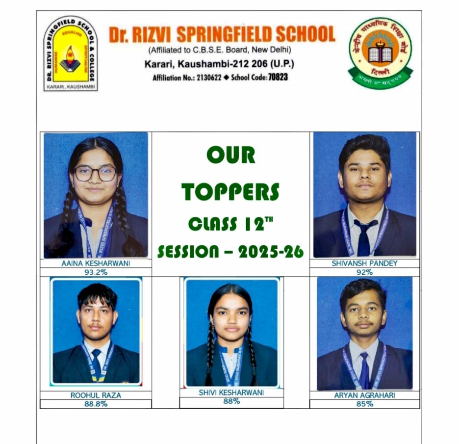 CBSE बोर्ड का इंटर का रिजल्ट जारी,डॉ० रिज़वी स्प्रिंगफील्ड स्कूल में आइना केसरवानी ने प्राप्त किया प्रथम स्थान, प्राप्त किये 93.2 फीसदी अंक