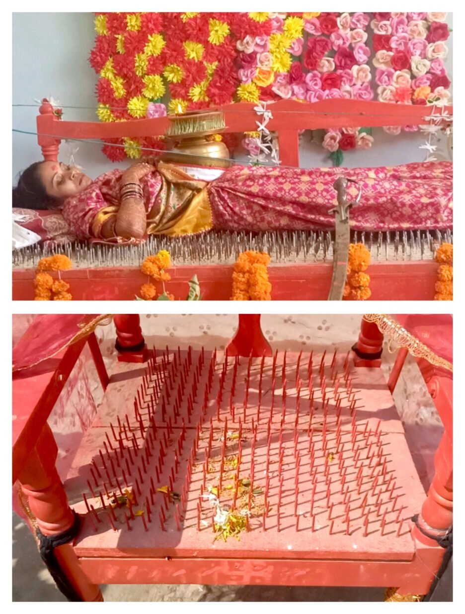 कौशाम्बी में नवरात्र में आस्था का अनोखा रूप: लोहे की कीलों वाली शैया पर लेटकर और कीलो के झूले पर झूला झूलकर तपस्या कर रहीं सुदेश्वरी दुर्गा,दर्शन को उमड़ रहे श्रद्धालु
